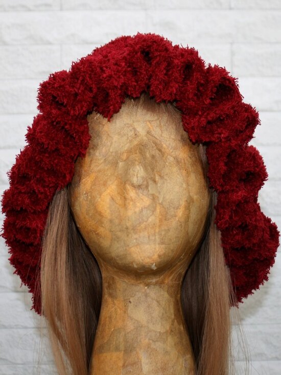 HAND CRAFTED Hat Crochet Bucket Teddy Faux Fur Winter Full Ruffle Red Burgundy main image 5